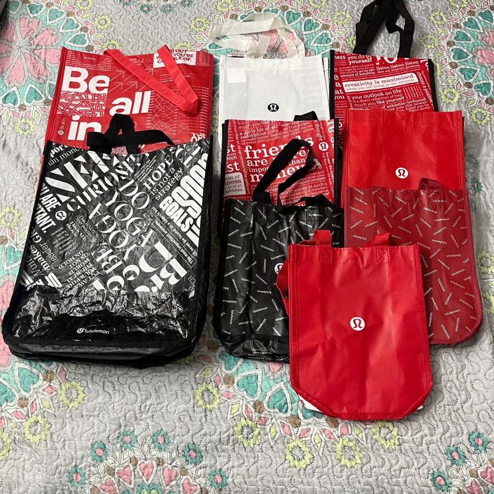 Bundle Of 9 Lululemon Reusable Shopping Tote Bag Mixed Sizes Red Black White